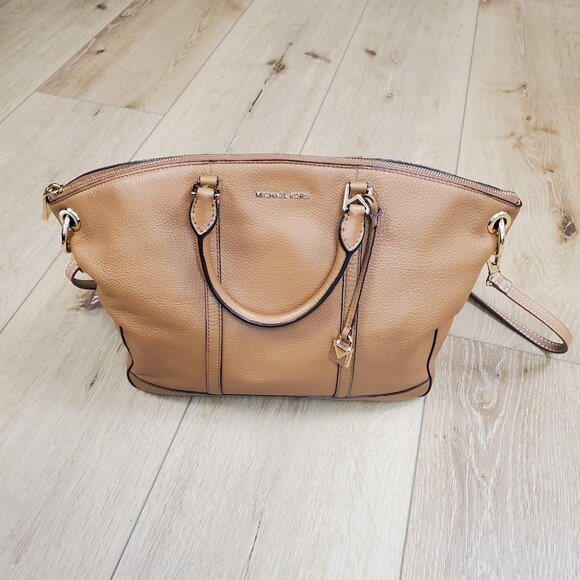 Michael Kors Beckett Large Leather Satchel Handbag Acorn Tan Brown Fall READ - Picture 2 of 16